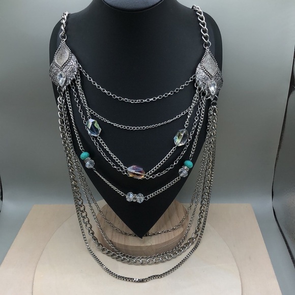 Multi layer chain and crystal bead statement style necklace. - Picture 3 of 5